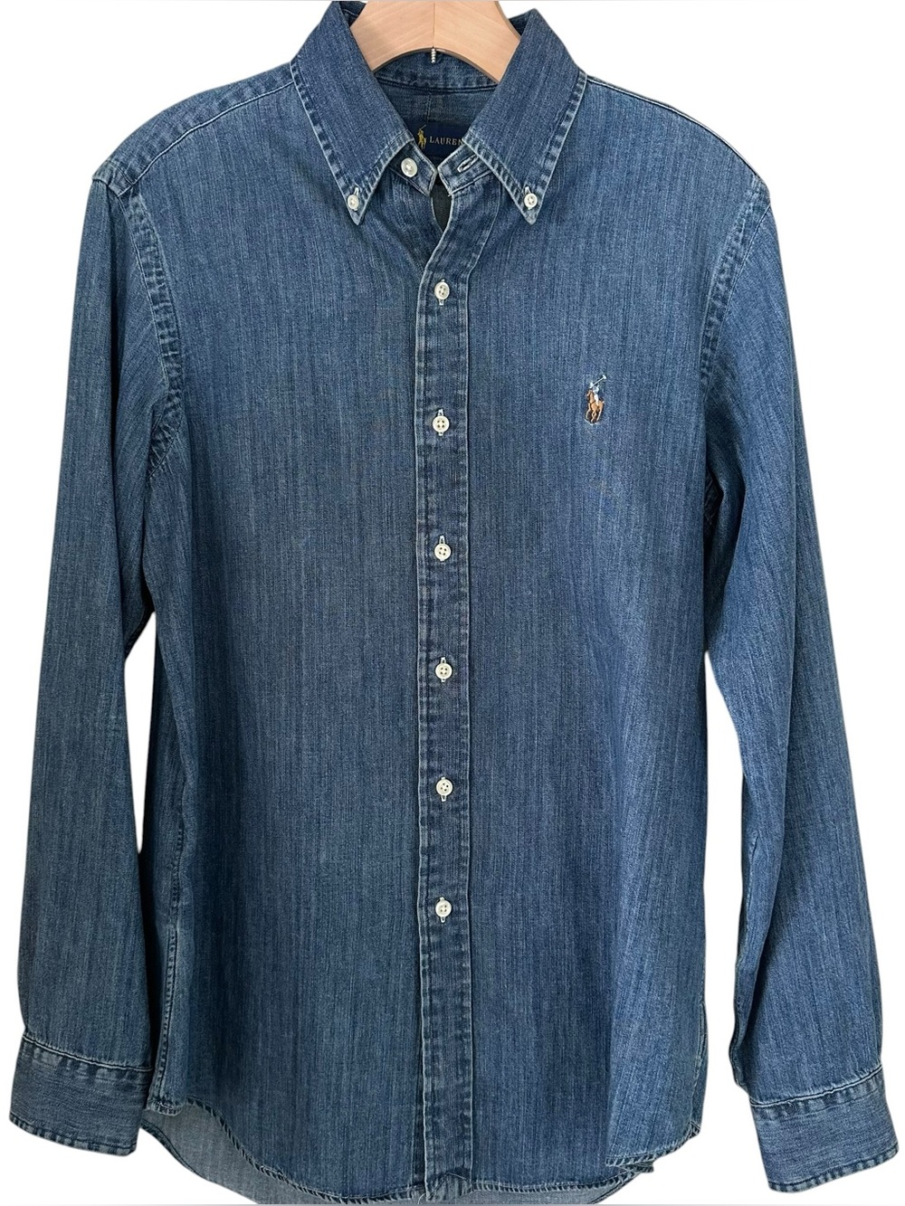 Ralph Lauren Blue Cotton Denim Button Down Shirt Men's Small Pony Preppy